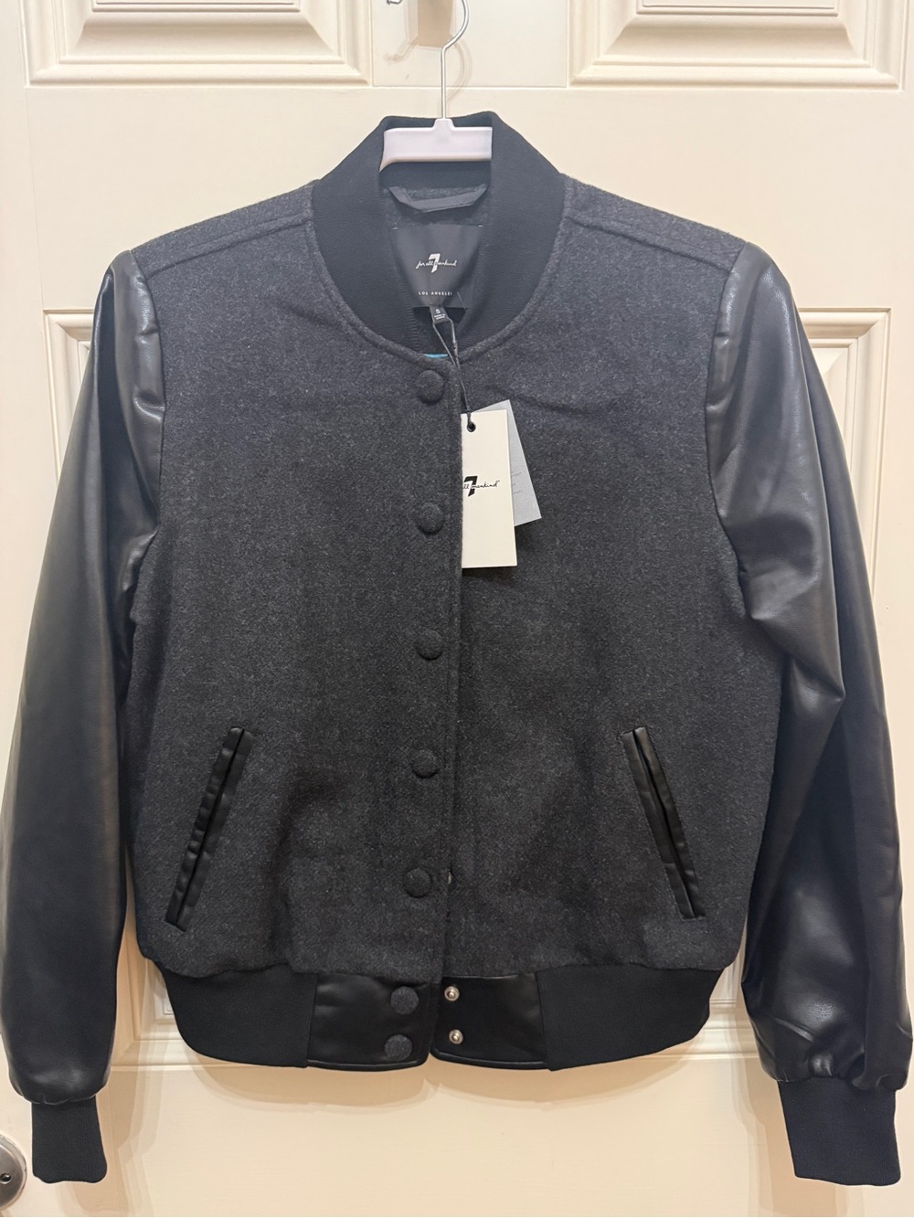 NWT 7 For All Mankind Black Charcoal Mixed Media Bomber Jacket